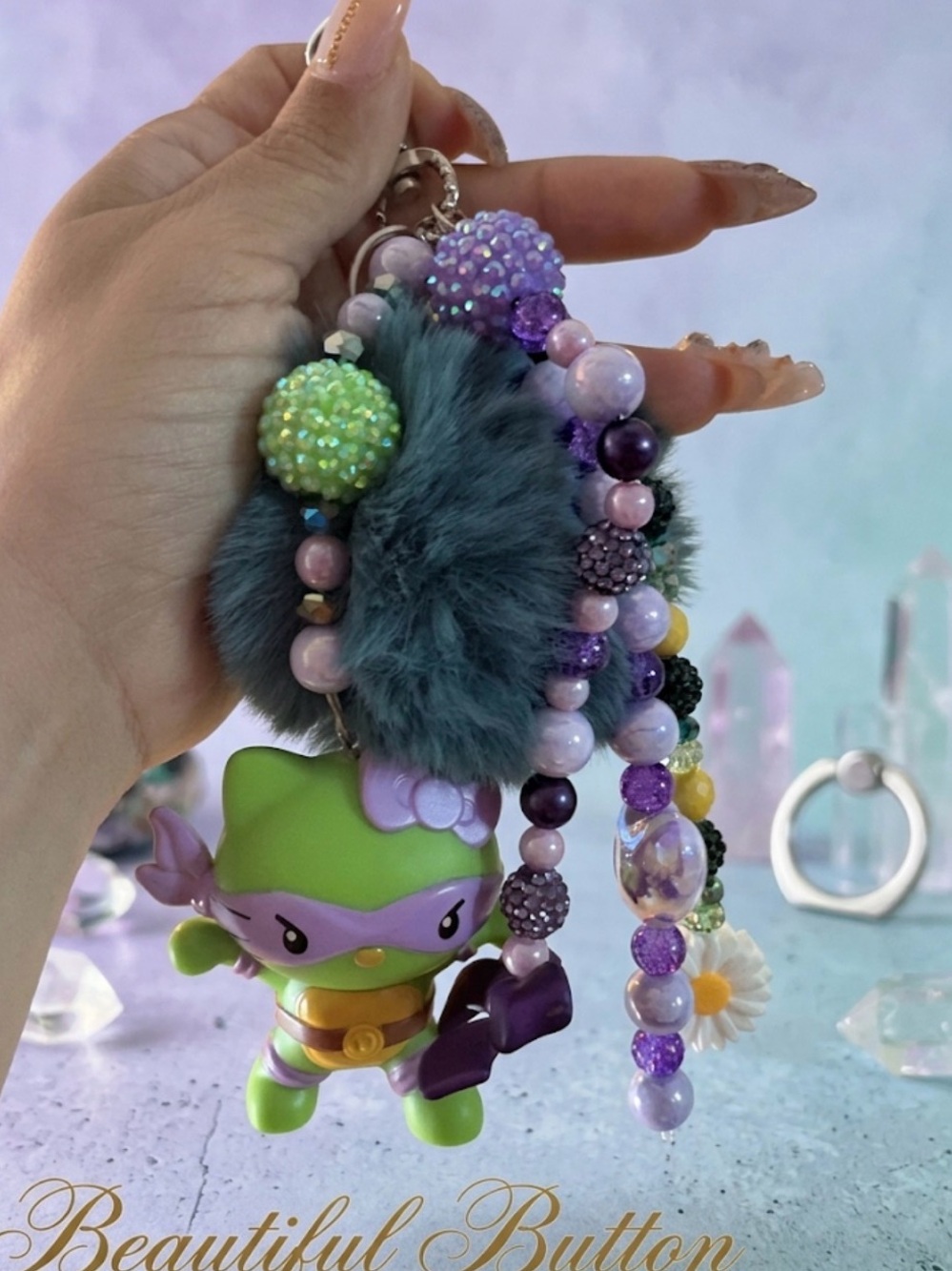 Plush Pom & Beaded Charm Keychain in Lavender, Green & Teal